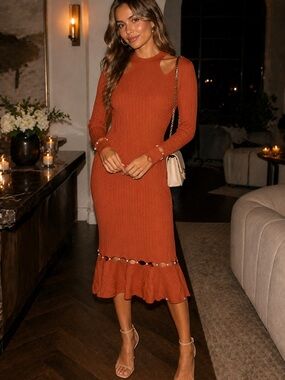 Petite Studio Ribbed Knit Dress Rust Burnt Orange Cutout Pearl Detail Size S